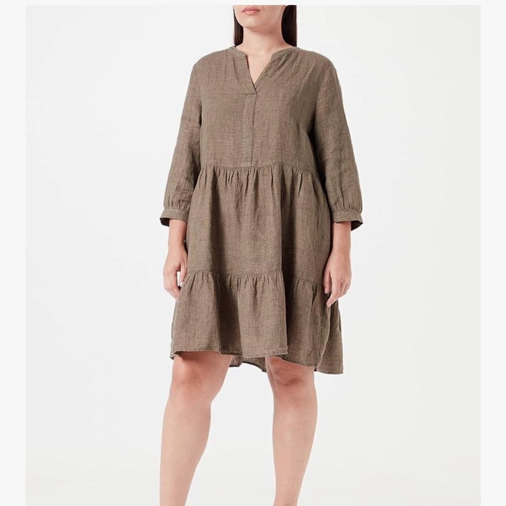 Bellambra Linen Tiered V-neck Roll Tab Sleeve Short Dress In Taupe Size M
